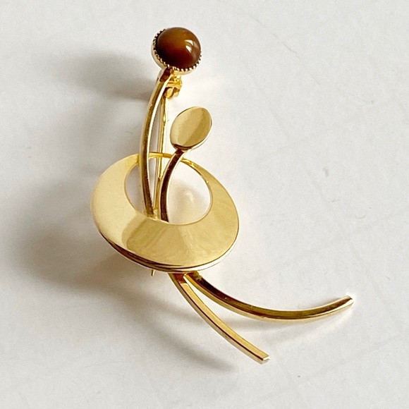 Vintage Gold Filled Tiger's Eye Retro Pin Brooch - Picture 1 of 8